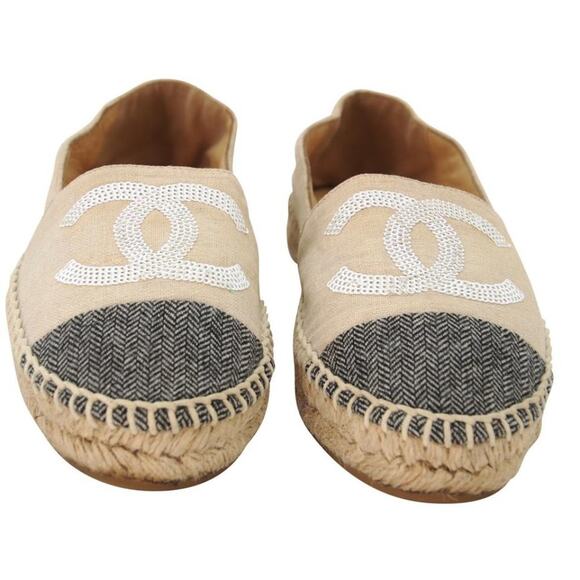 Chanel Espadrille 37 Glitter Fabric Leather Cc Cap Toe Flats CC-S0207P-C026 - Picture 3 of 11